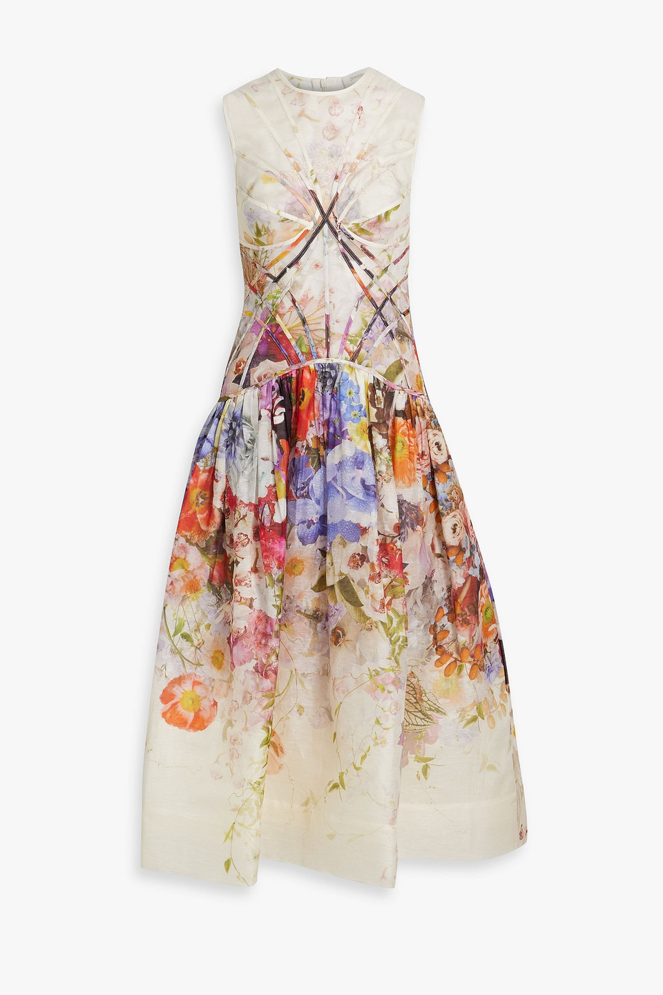 Zimmermann Floral-print Linen And Silk-blend Organza Midi Dress In Ivory