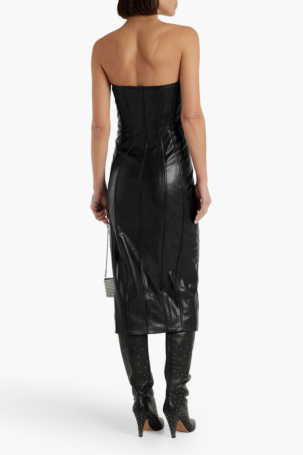 NICHOLAS Strapless faux leather midi dress