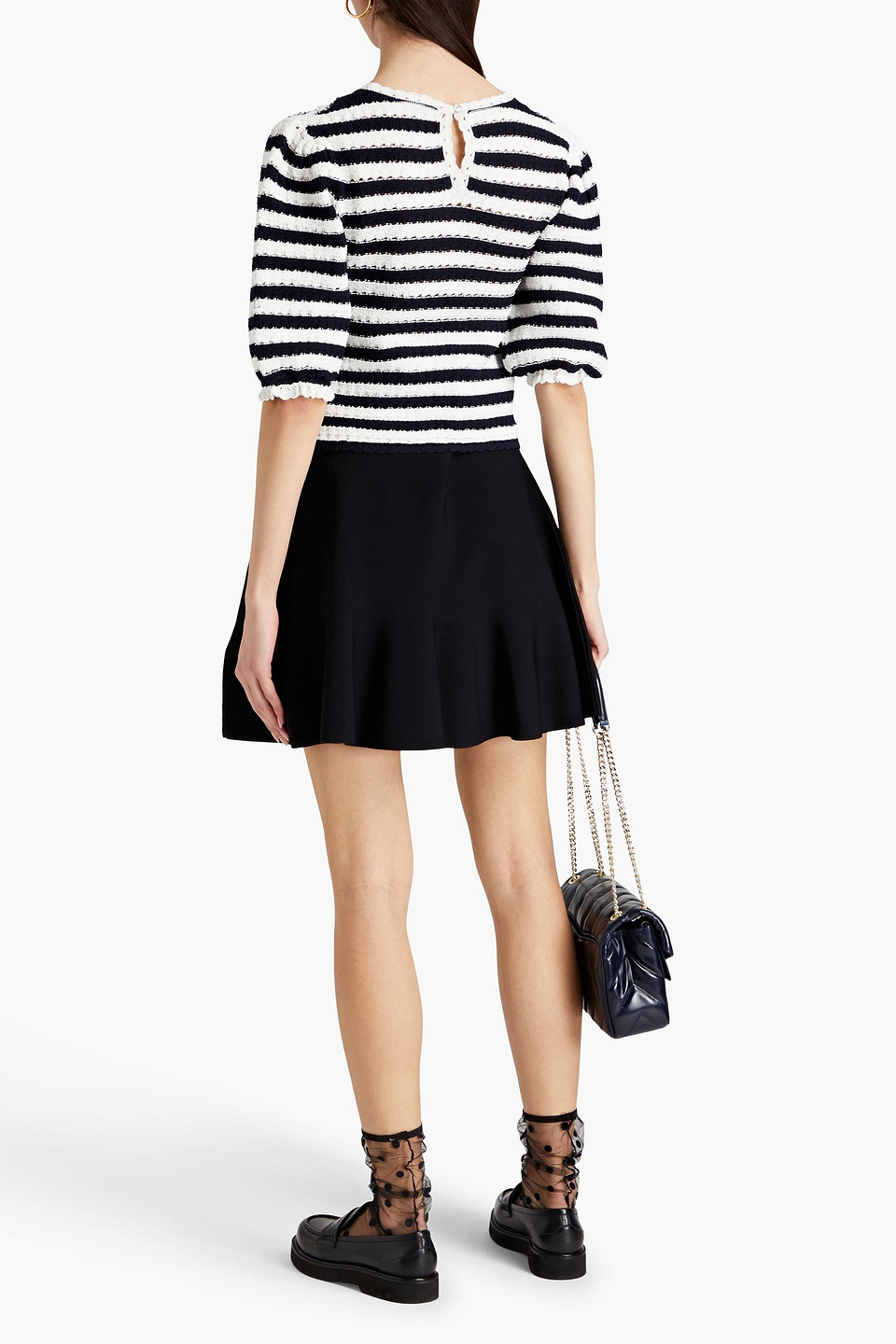 Shop Maje Striped Pointelle-knit Top In Navy