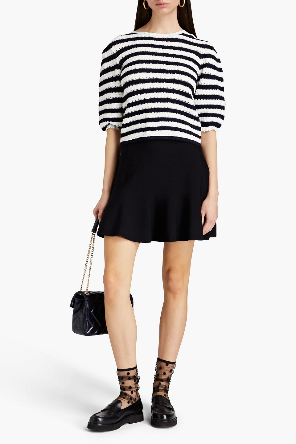 Shop Maje Striped Pointelle-knit Top In Navy