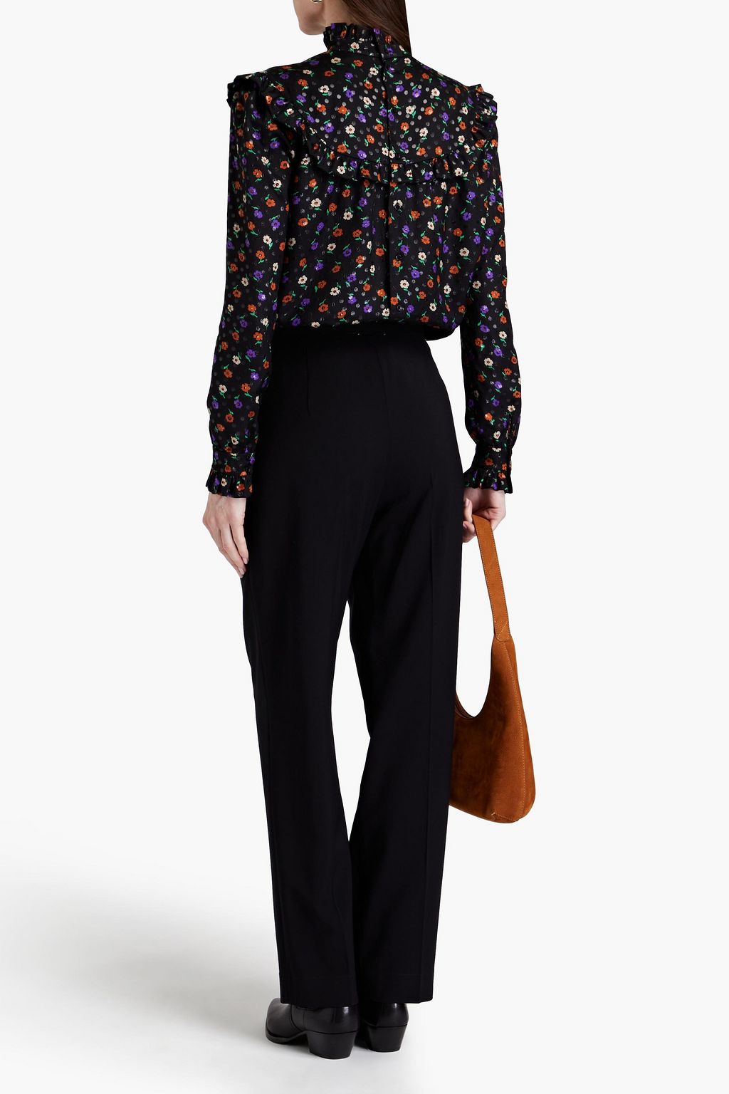 SAINT LAURENT Ruffle-trimmed floral-print silk-blend jacquard blouse