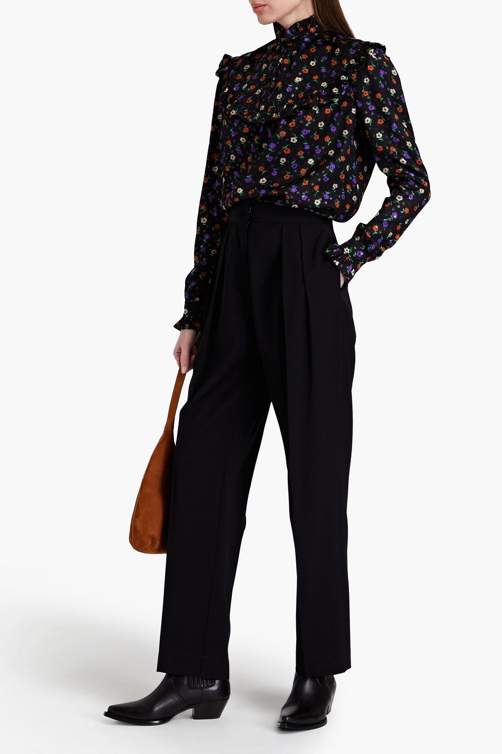 SAINT LAURENT Ruffle-trimmed floral-print silk-blend jacquard blouse