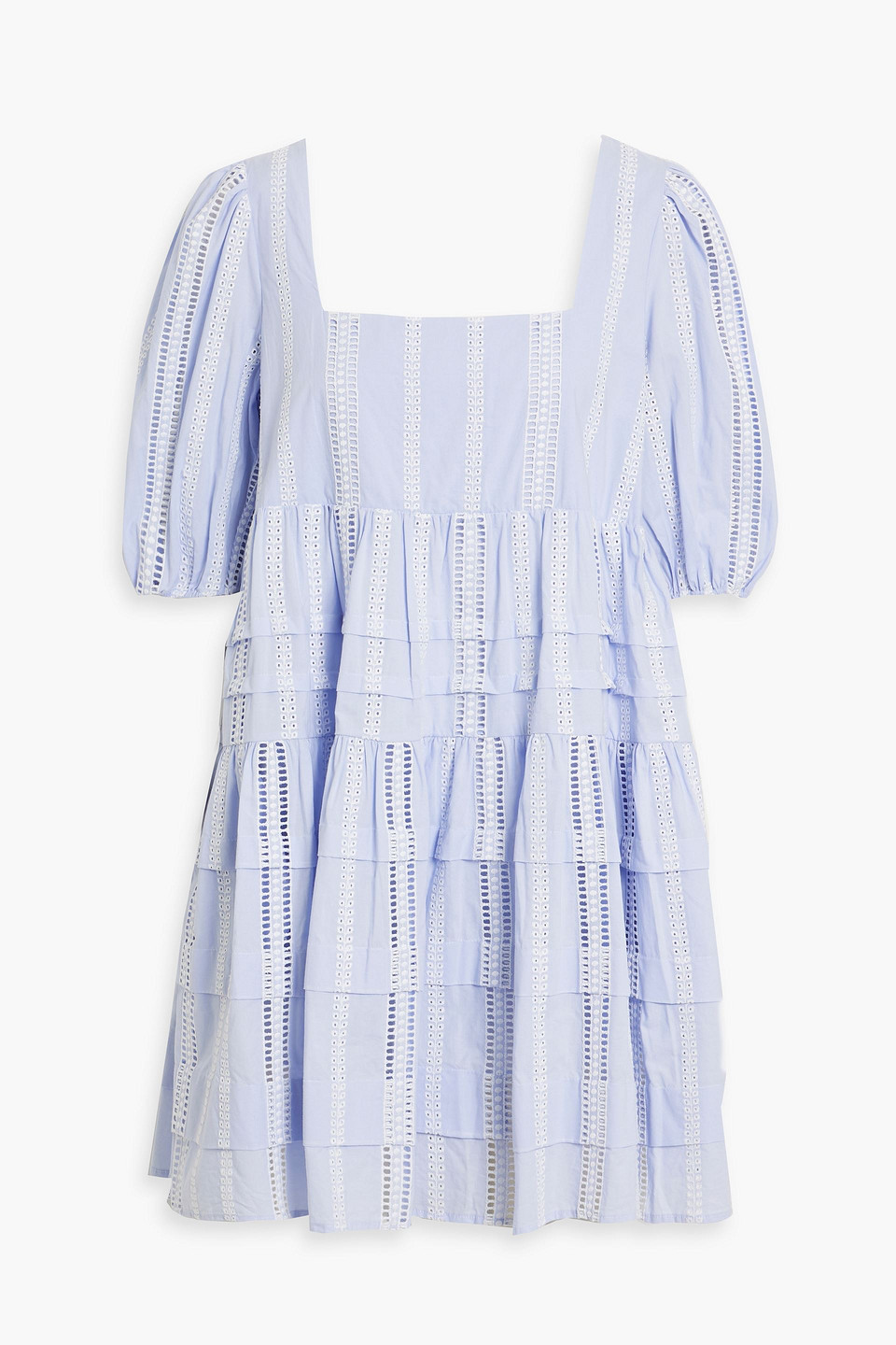 Maje Pintucked Broderie Anglaise Cotton Mini Dress In Light Blue