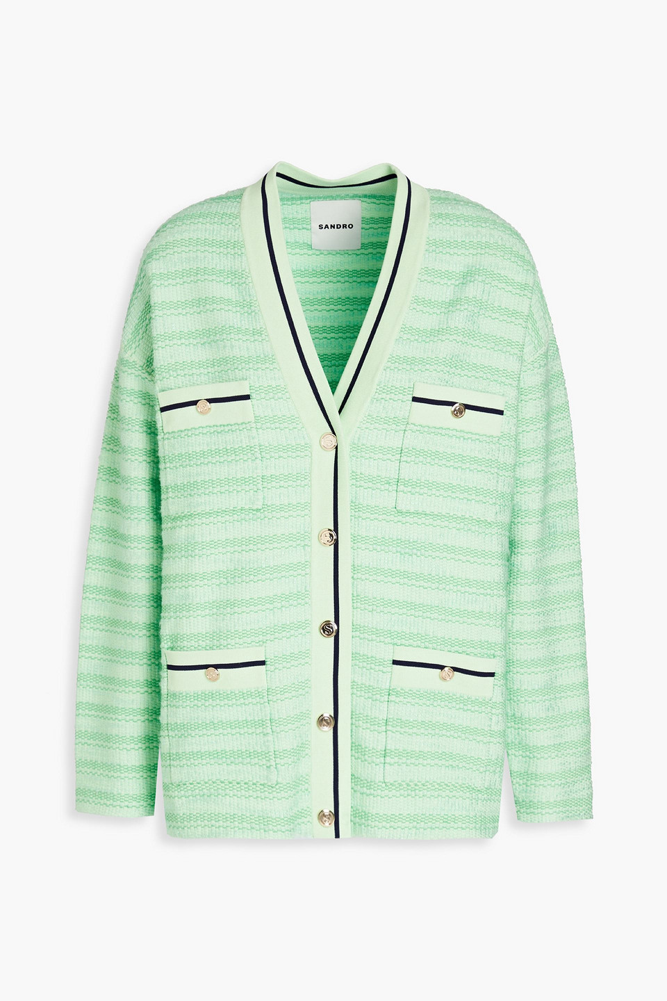 Sandro Aymar Embellished Tweed Cardigan In Mint