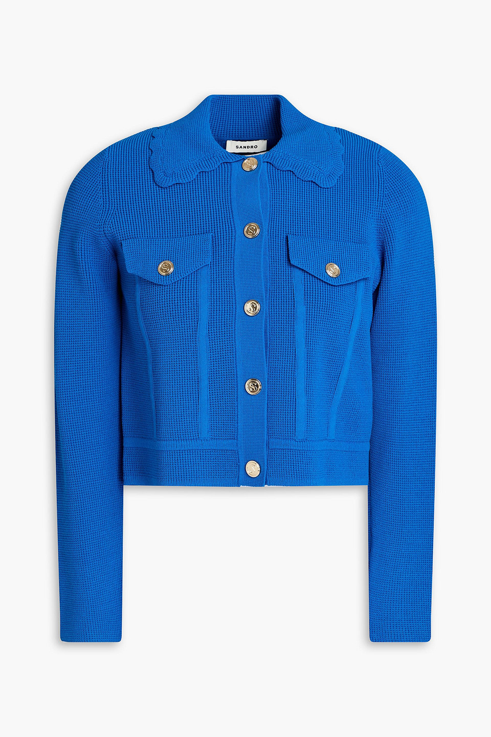 Sandro Scalloped Ribbed-knit Cardigan In Blue