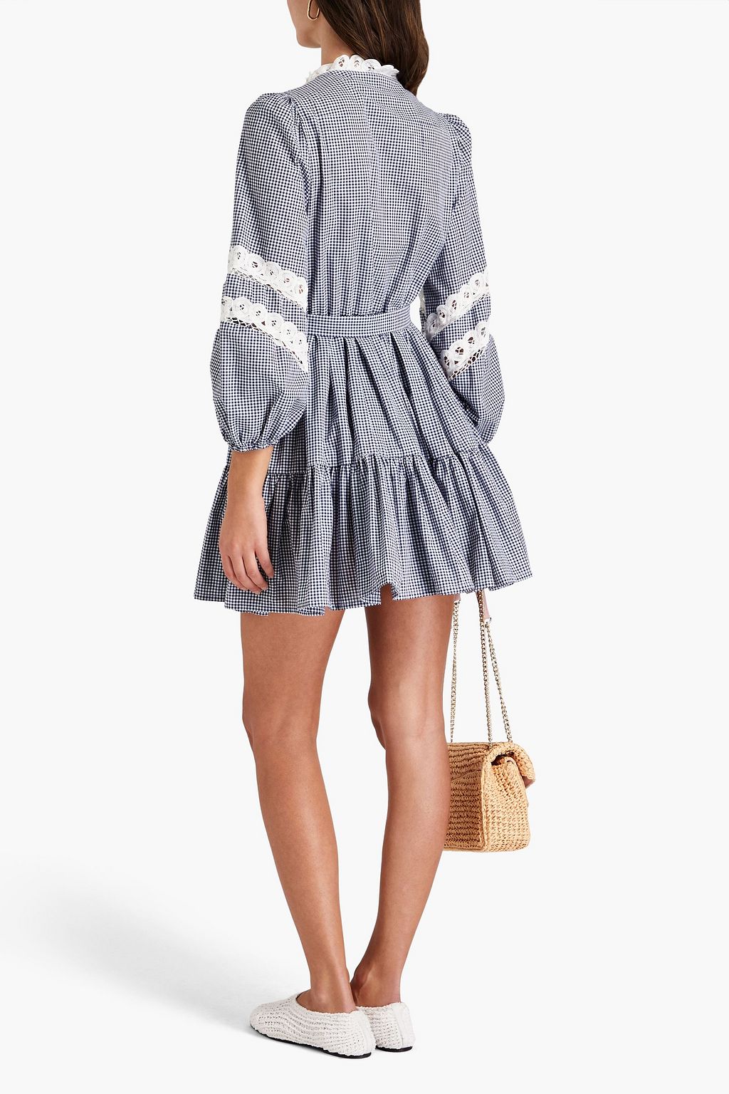 MAJE Lace-trimmed tiered gingham cotton mini dress