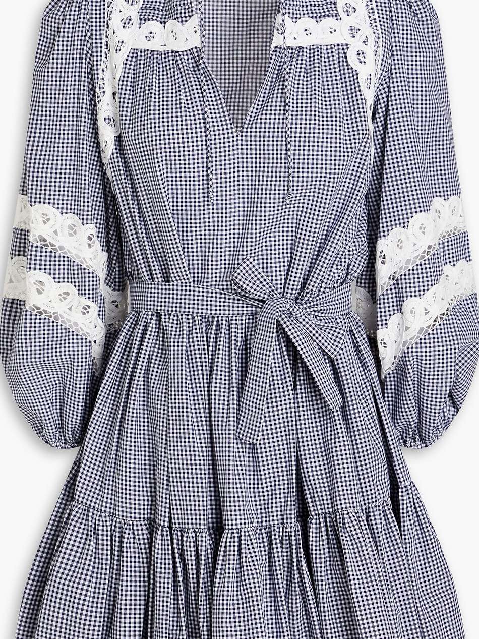 lace-trimmed tiered gingham cotton mini dress