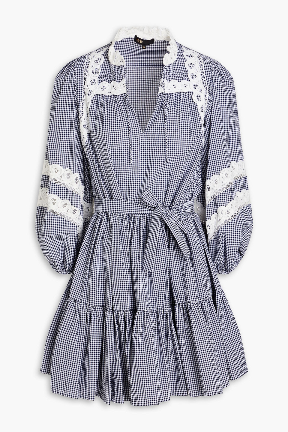 Maje Ritchy Lace-trimmed Tiered Gingham Cotton Mini Dress In Navy