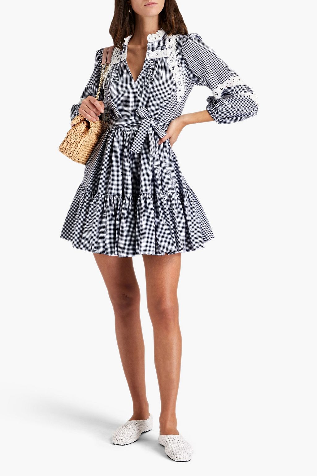MAJE Lace-trimmed tiered gingham cotton mini dress