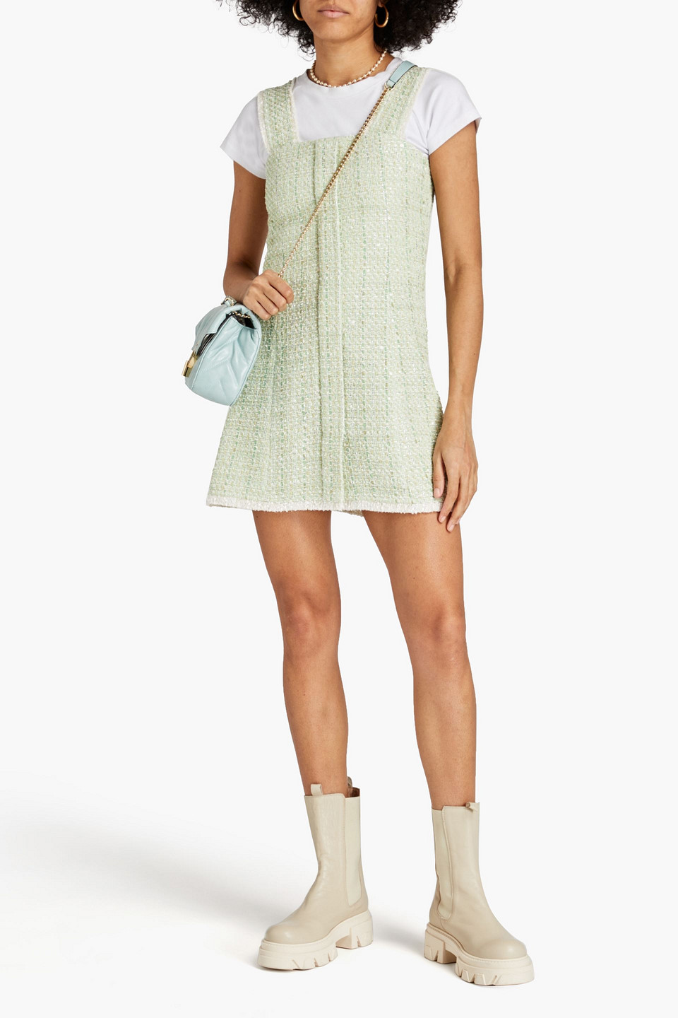 Maje Metallic Bouclé-tweed Mini Dress In Light Green
