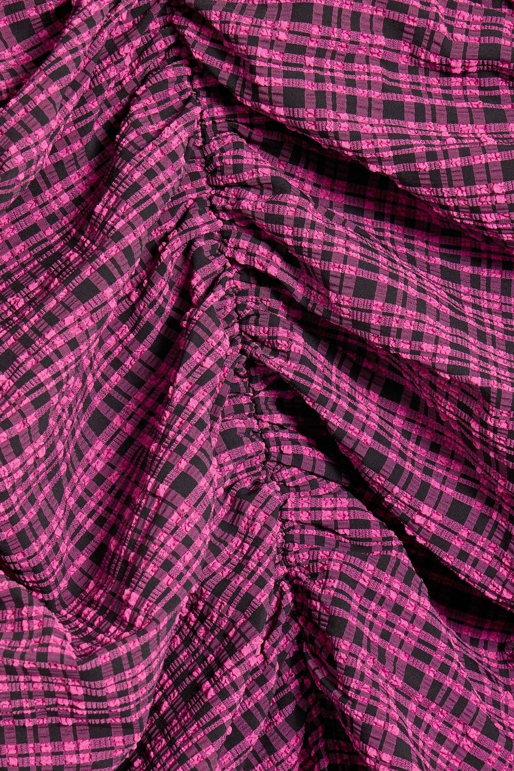 GANNI Ruched checked seersucker midi shirt dress