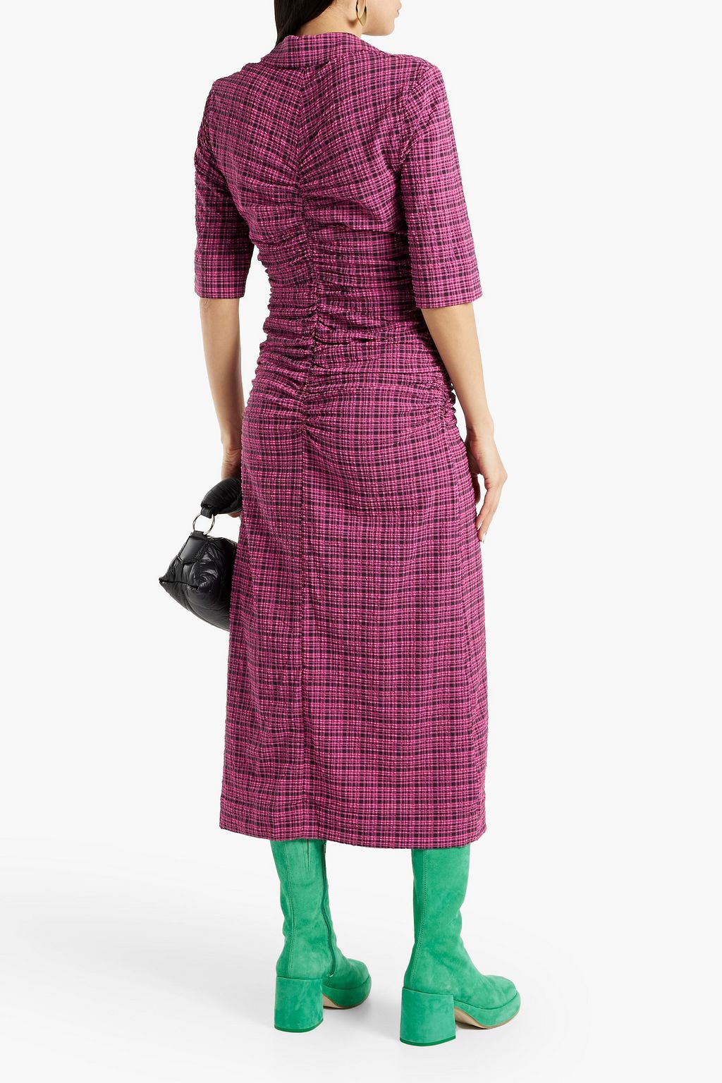 GANNI Ruched checked seersucker midi shirt dress