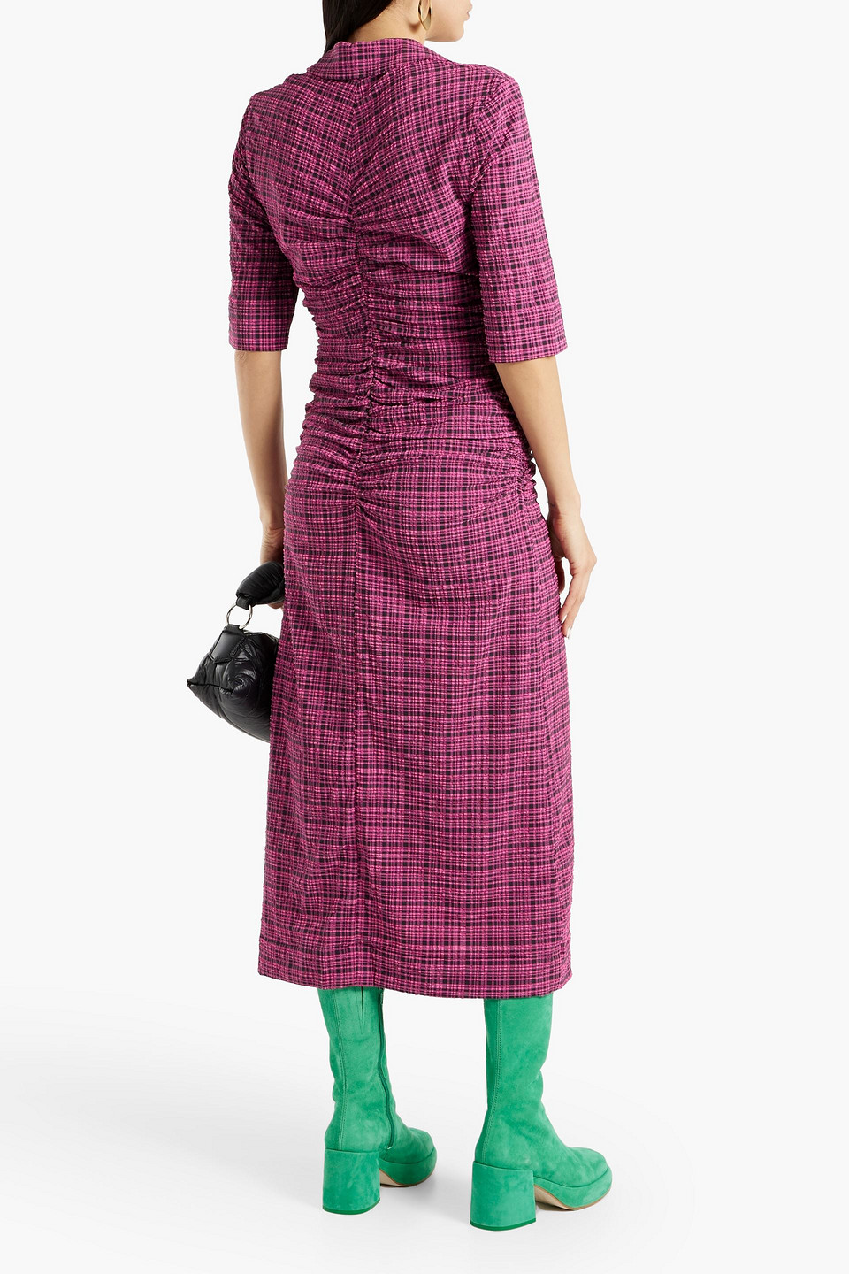 seersucker check ruched midi dress GANNI Ruched Checked Cotton-Blend Seersucker Midi Dress