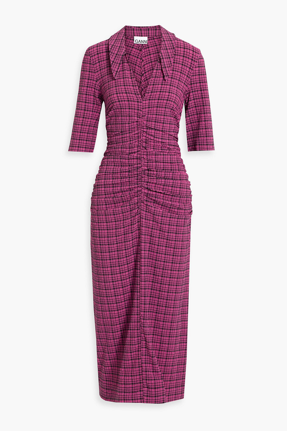 knee length dresses for ladies Seersucker Check Gathered U-Neck Midi Dress in Lagoon
