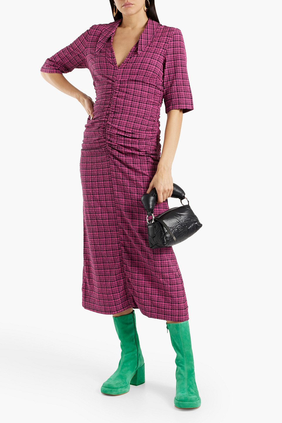 GANNI Ruched checked seersucker midi shirt dress | Smart Closet GANNI Ruched checked seersucker midi shirt dress | Smart Closet