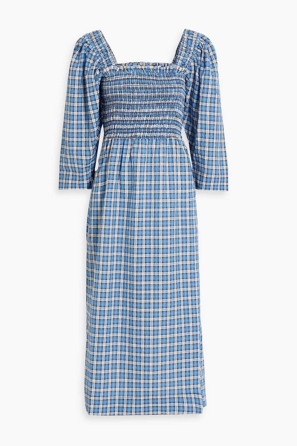 GANNI Shirred checked cotton-blend seersucker midi dress | THE OUTNET