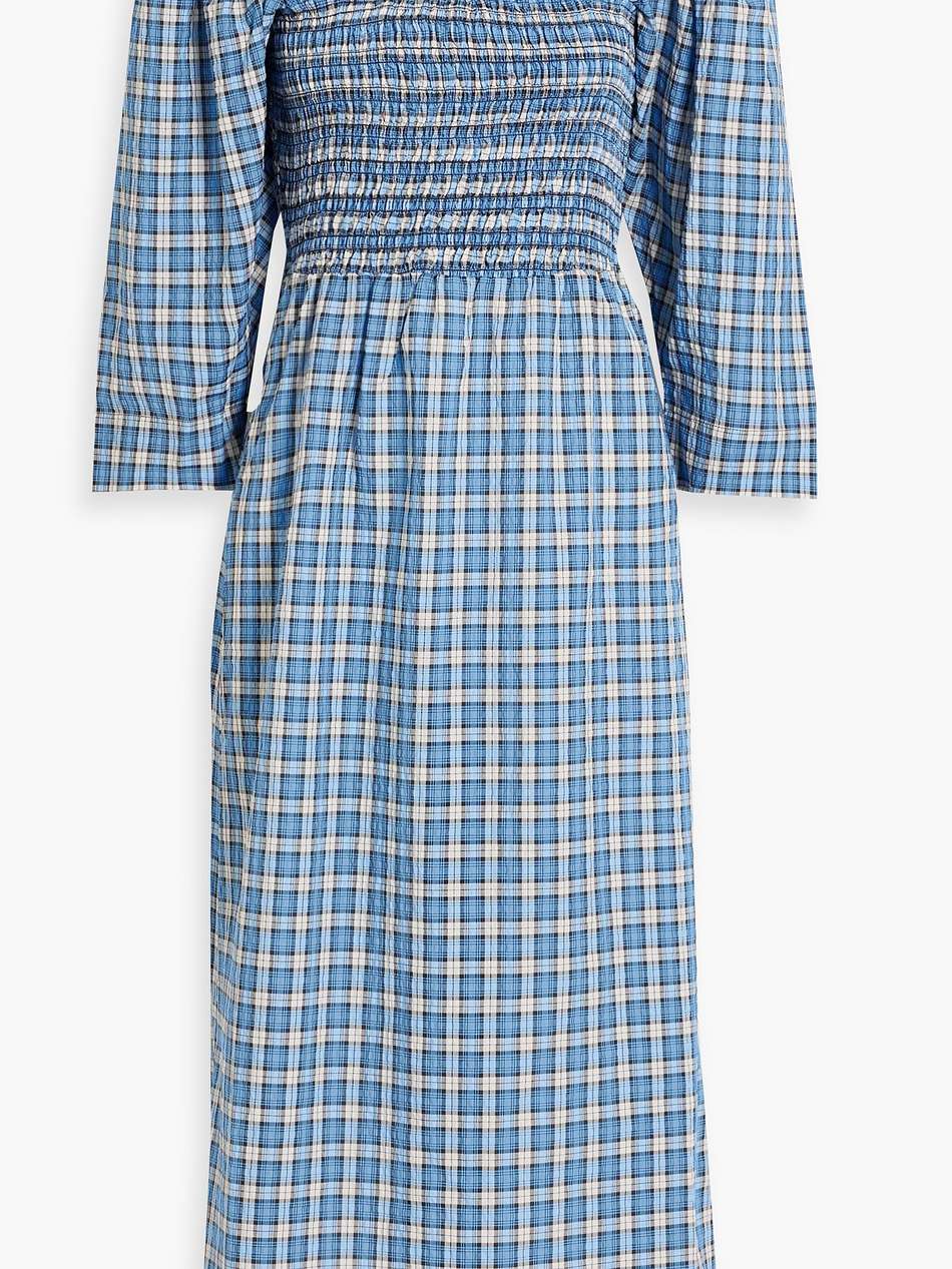 shirred checked cotton-blend seersucker midi dress