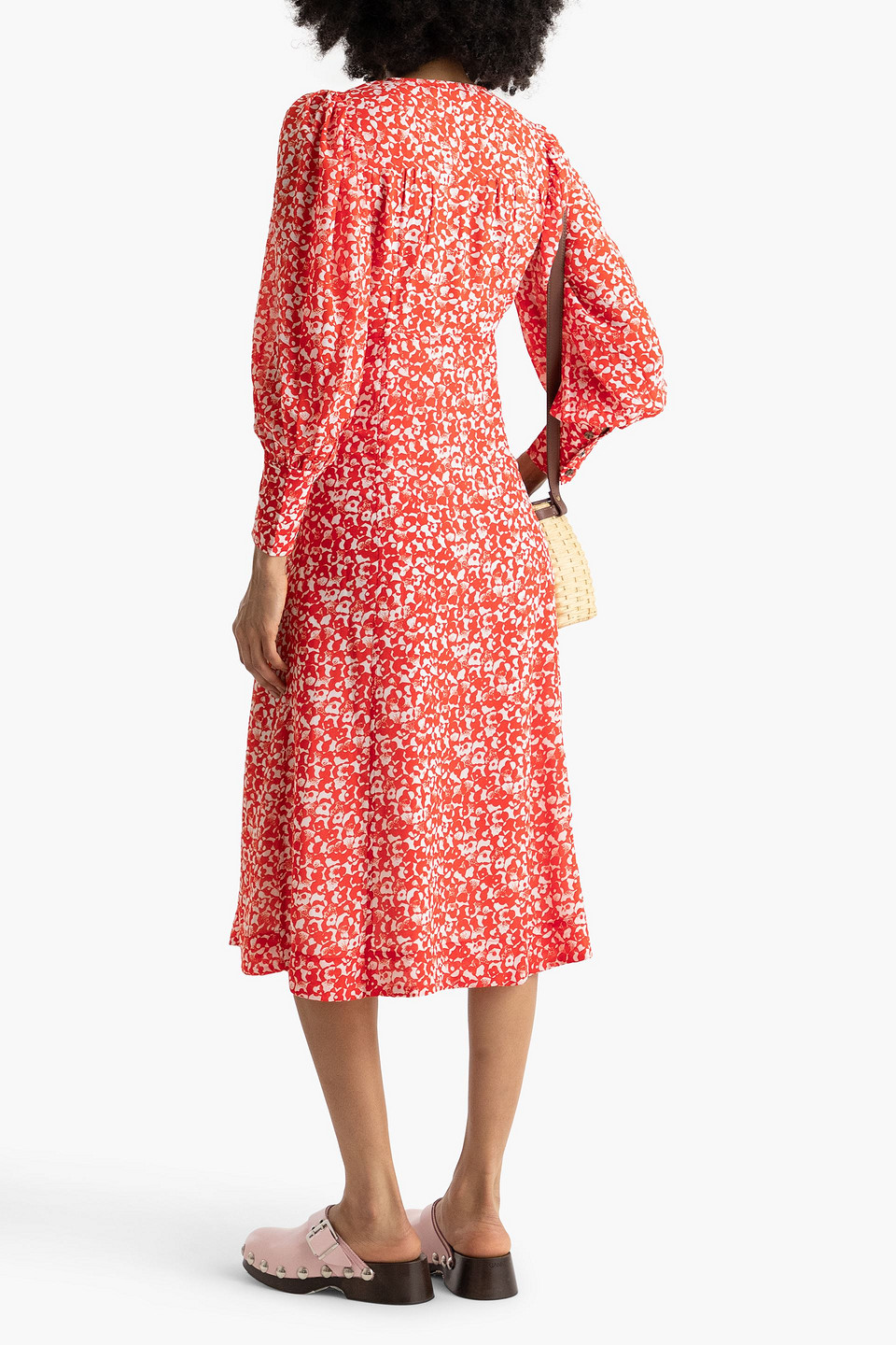 Ganni Balloon-sleeve Floral-print Crepe Midi Dress In Orange
