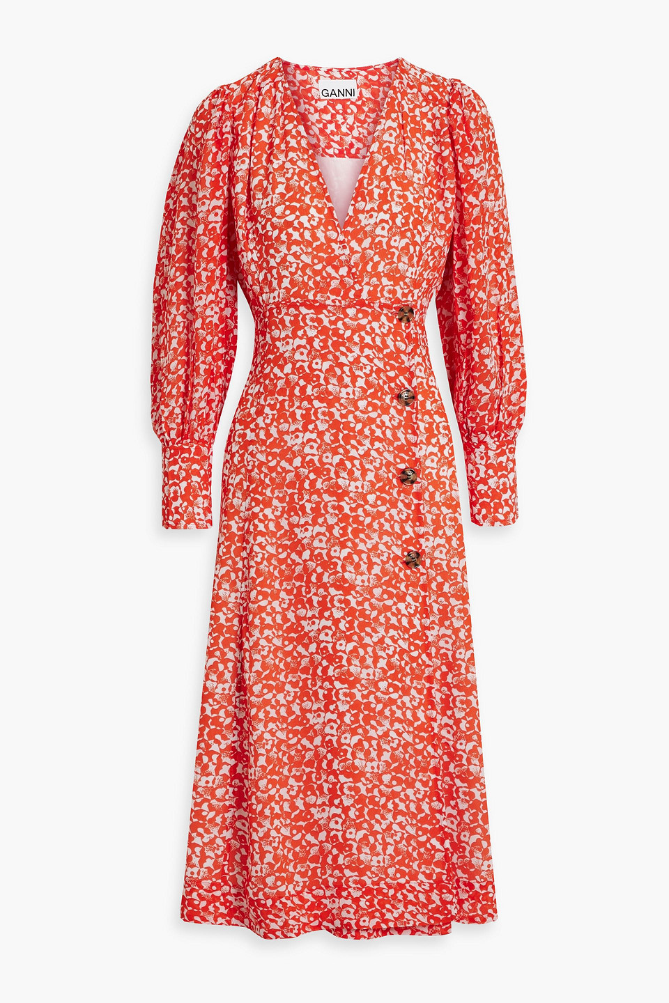 Ganni Balloon-sleeve Floral-print Crepe Midi Dress In Orange