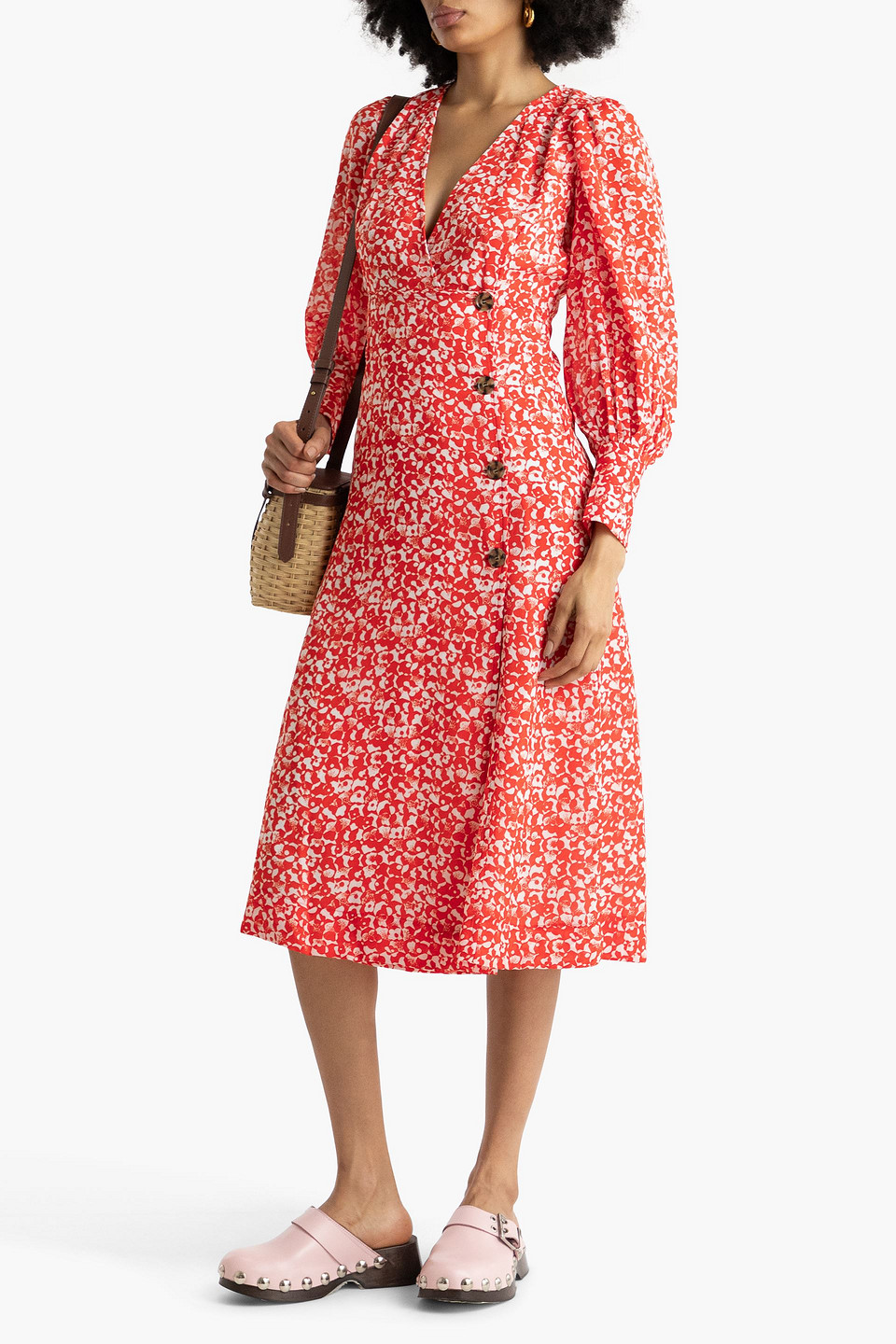 Ganni Balloon-sleeve Floral-print Crepe Midi Dress In Orange