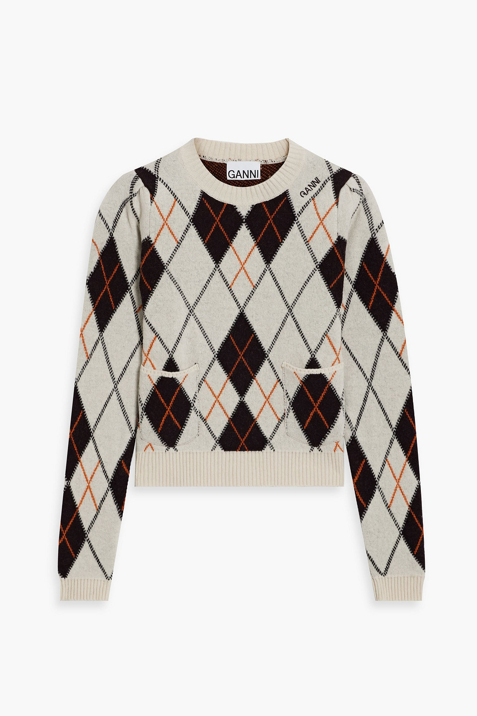 Shop Ganni Argyle Wool-blend Sweater In Ecru