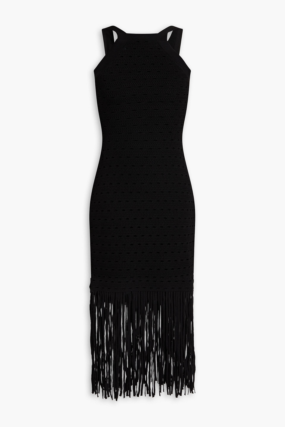 Sandro Susanne Fringed Stretch-knit Midi Dress In Black