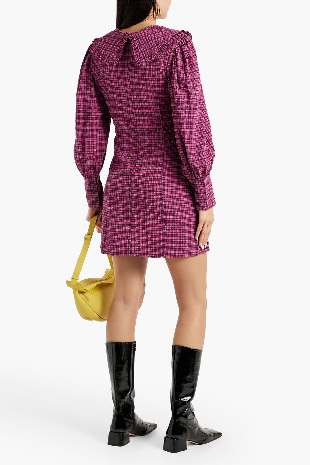 GANNI Ruffle-trimmed checked seersucker mini dress