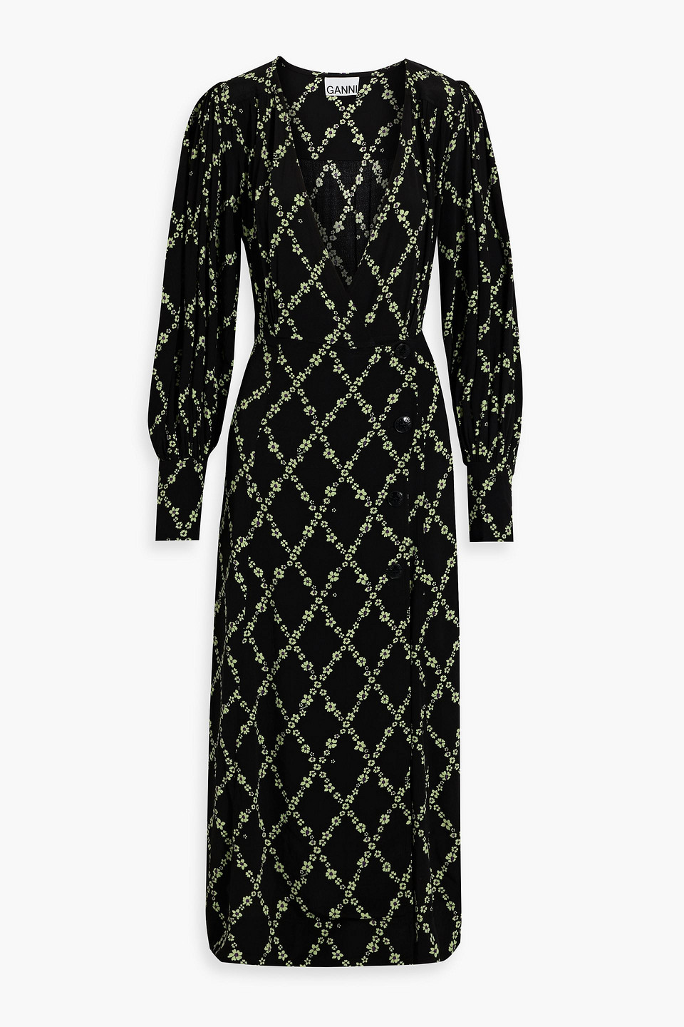 Ganni Wrap-effect Floral-print Crepe Midi Dress In Black | ModeSens
