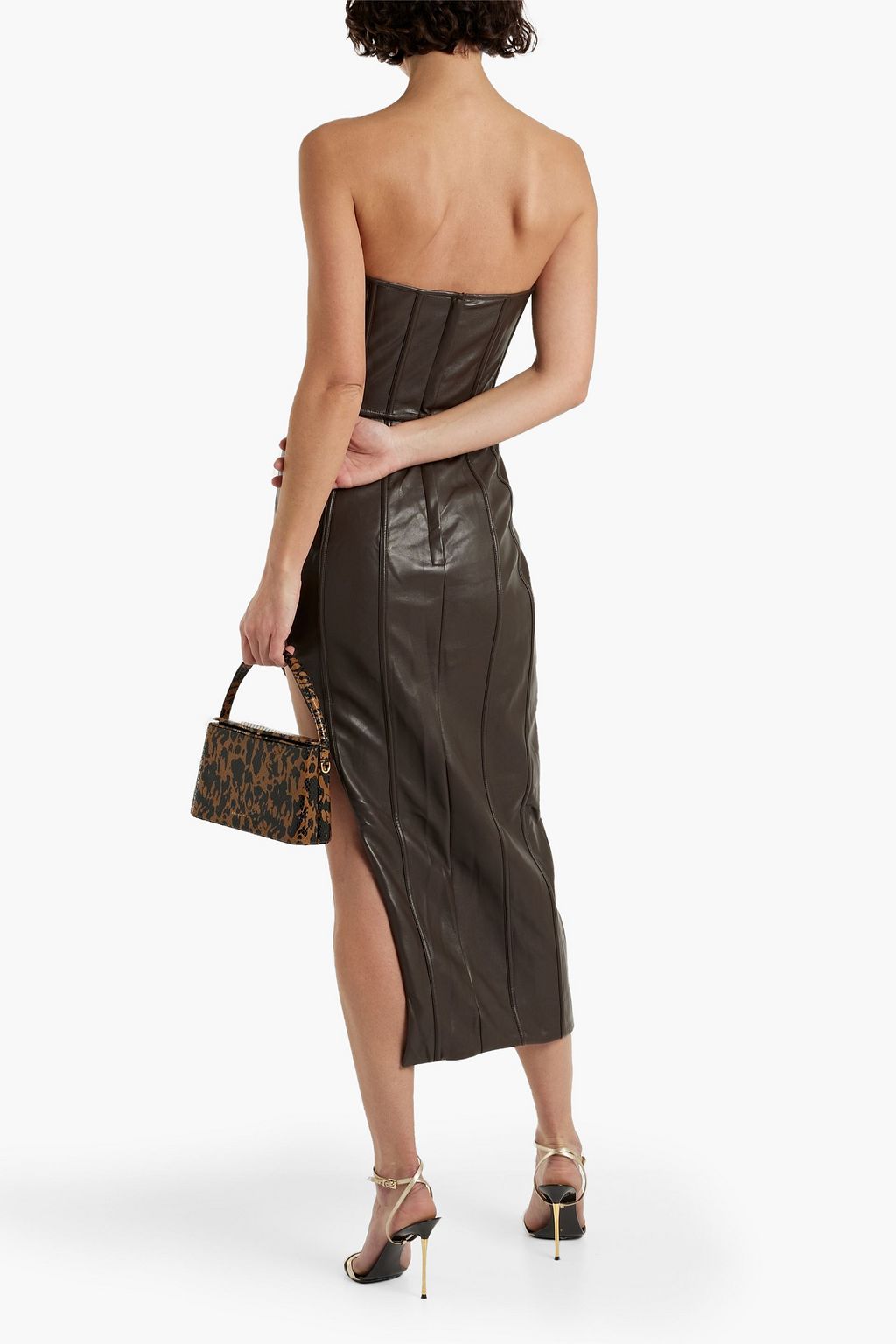 NICHOLAS Strapless faux leather midi dress