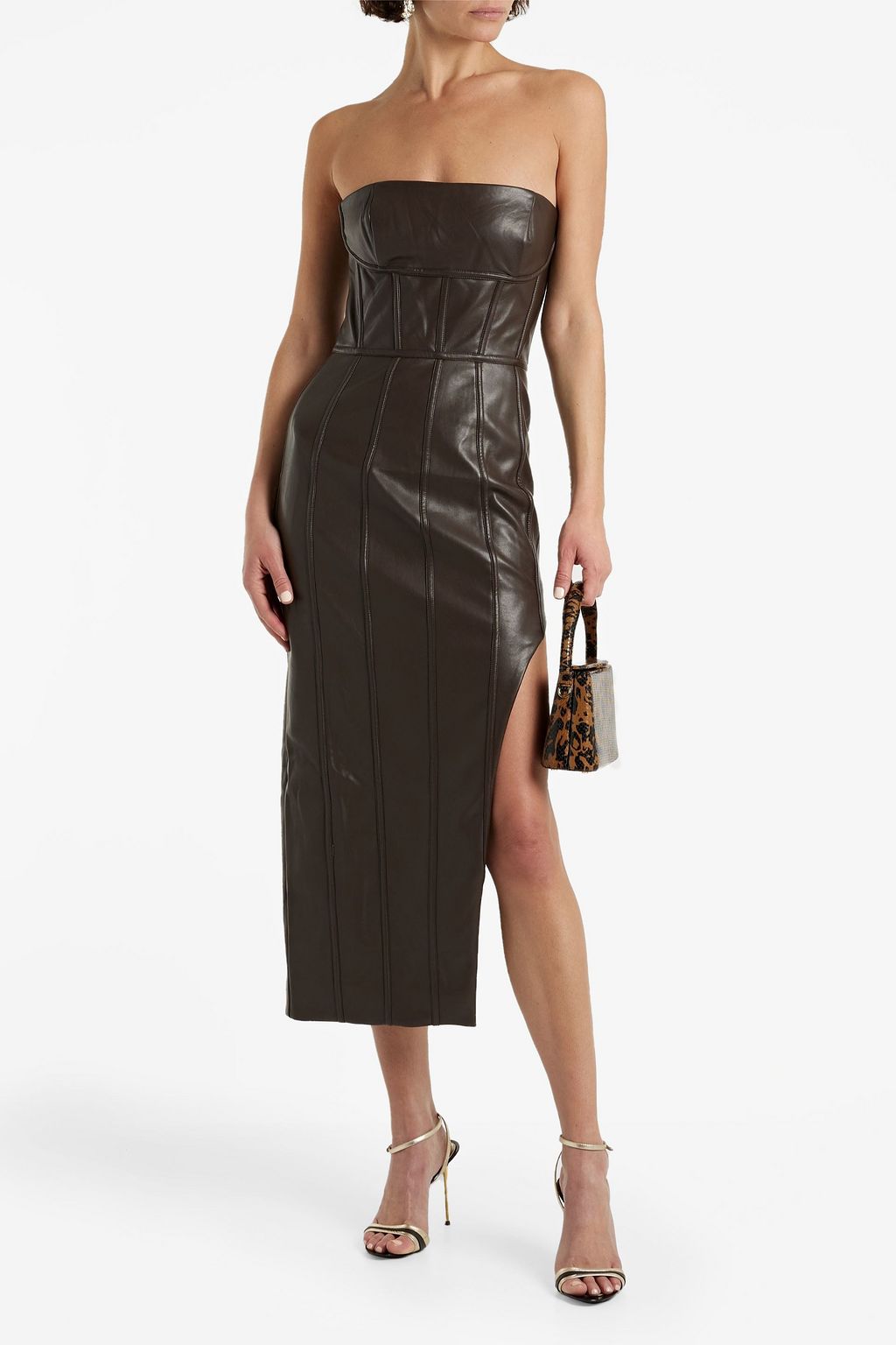 NICHOLAS Strapless faux leather midi dress