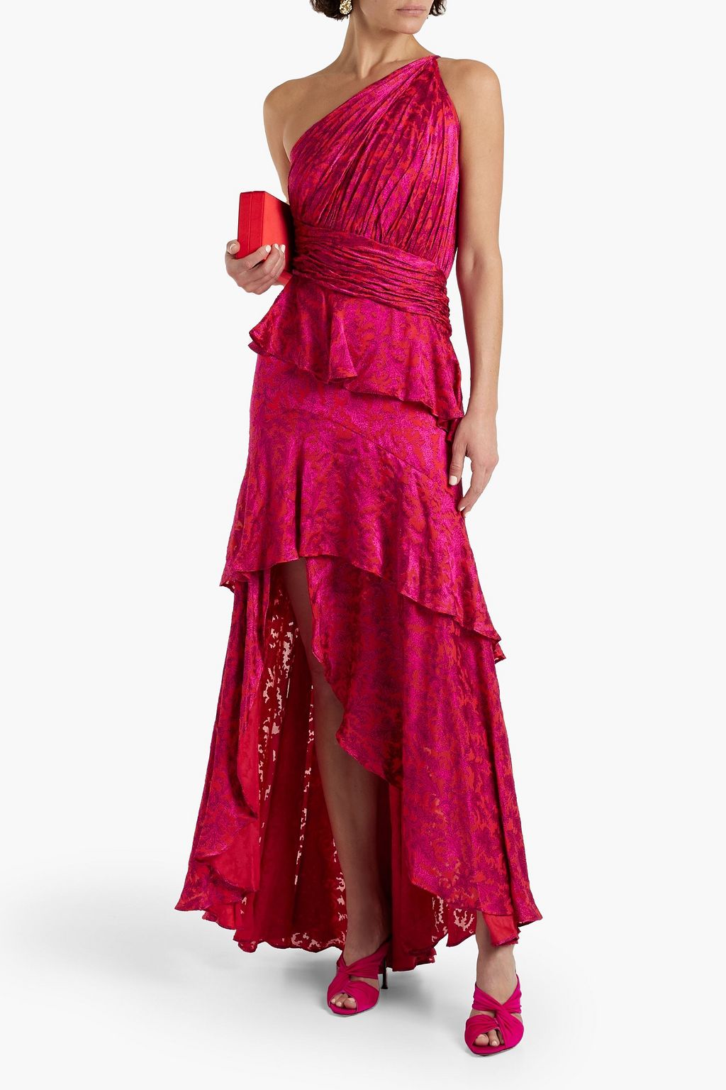 THEIA One-shoulder ruffled printed devoré-chiffon dress