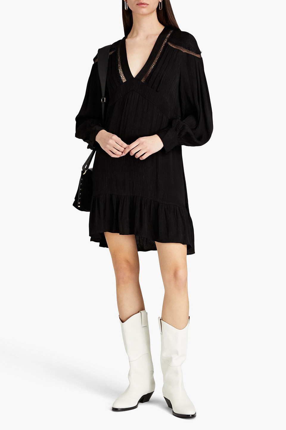 Iro Bilam Lace-trimmed Plissé Crepe De Chine Mini Dress In Black