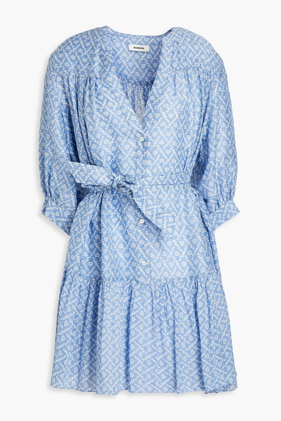 Sandro Milion Belted Floral-print Crepe Mini Shirt Dress In Light Blue