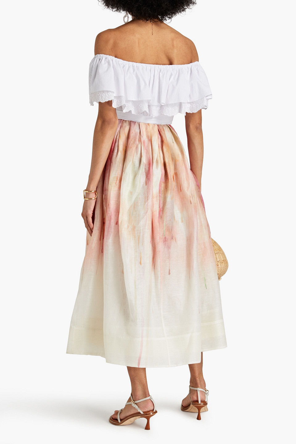 Zimmermann Dancer Printed Linen And Silk-blend Midi Skirt In Blush