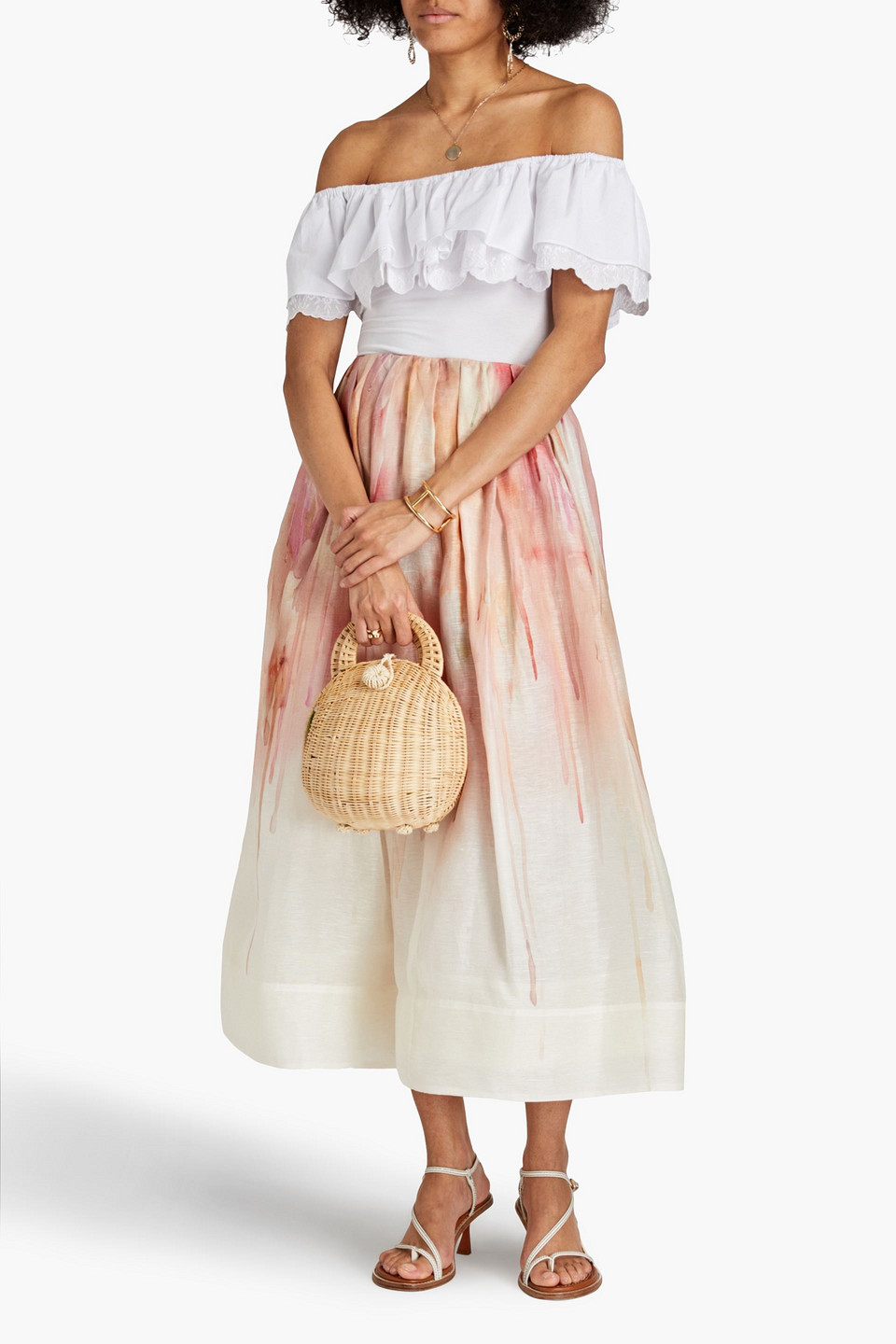 Zimmermann Dancer Printed Linen And Silk-blend Midi Skirt In Blush