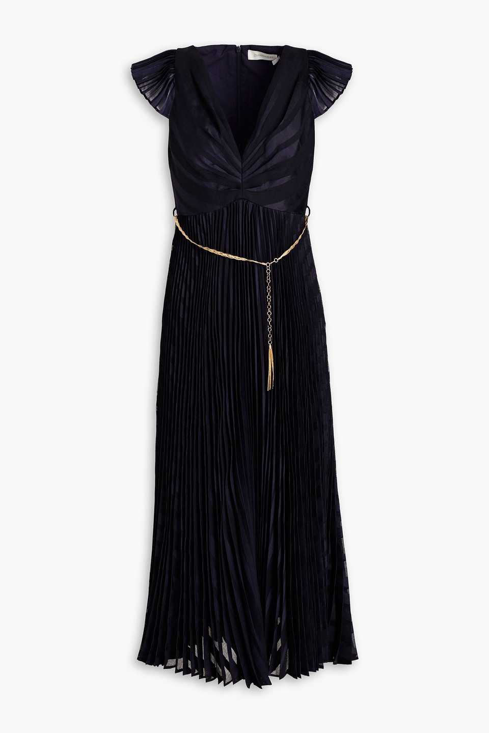 Zimmermann Belted Pleated Jacquard Midi Dress In Navy