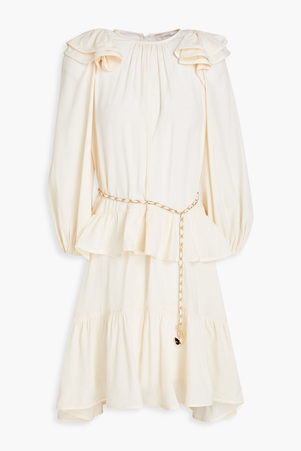 Zimmermann Belted Tiered Crepe De Chine Dress In Neutrals