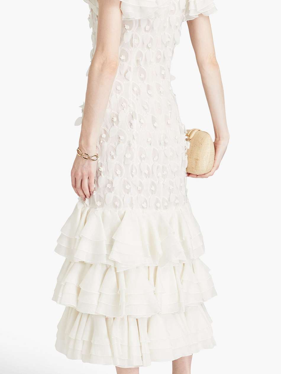 tiered chiffon-paneled linen and silk-blend gown