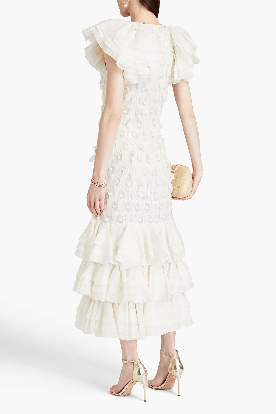 Shop Zimmermann Tiered Chiffon-paneled Linen And Silk-blend Gown In Ivory