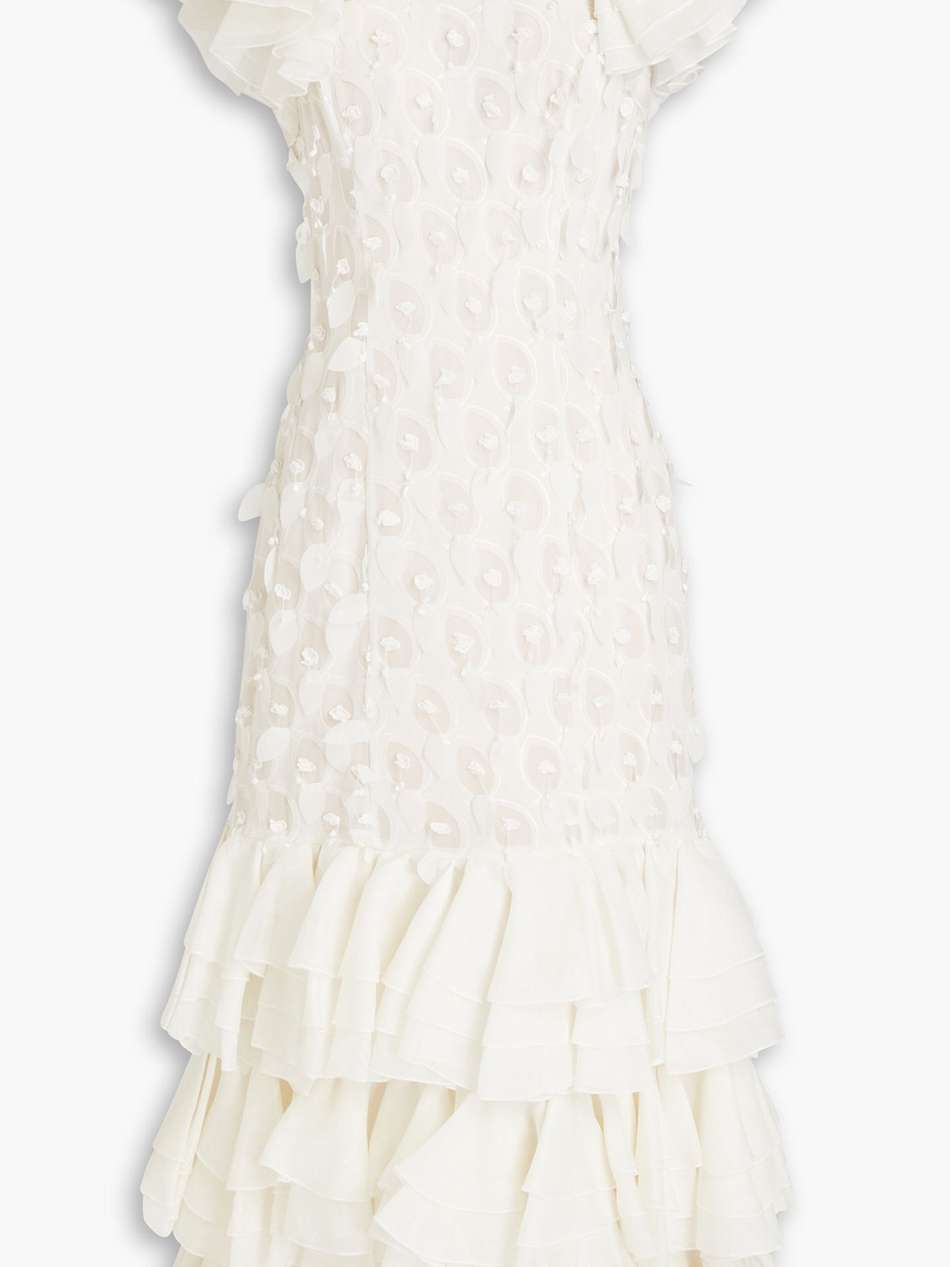 tiered chiffon-paneled linen and silk-blend gown