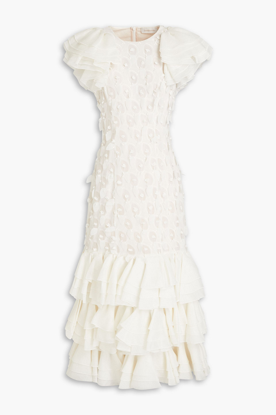 Zimmermann Dancer Tiered Chiffon-paneled Linen And Silk-blend Gown In Ivory