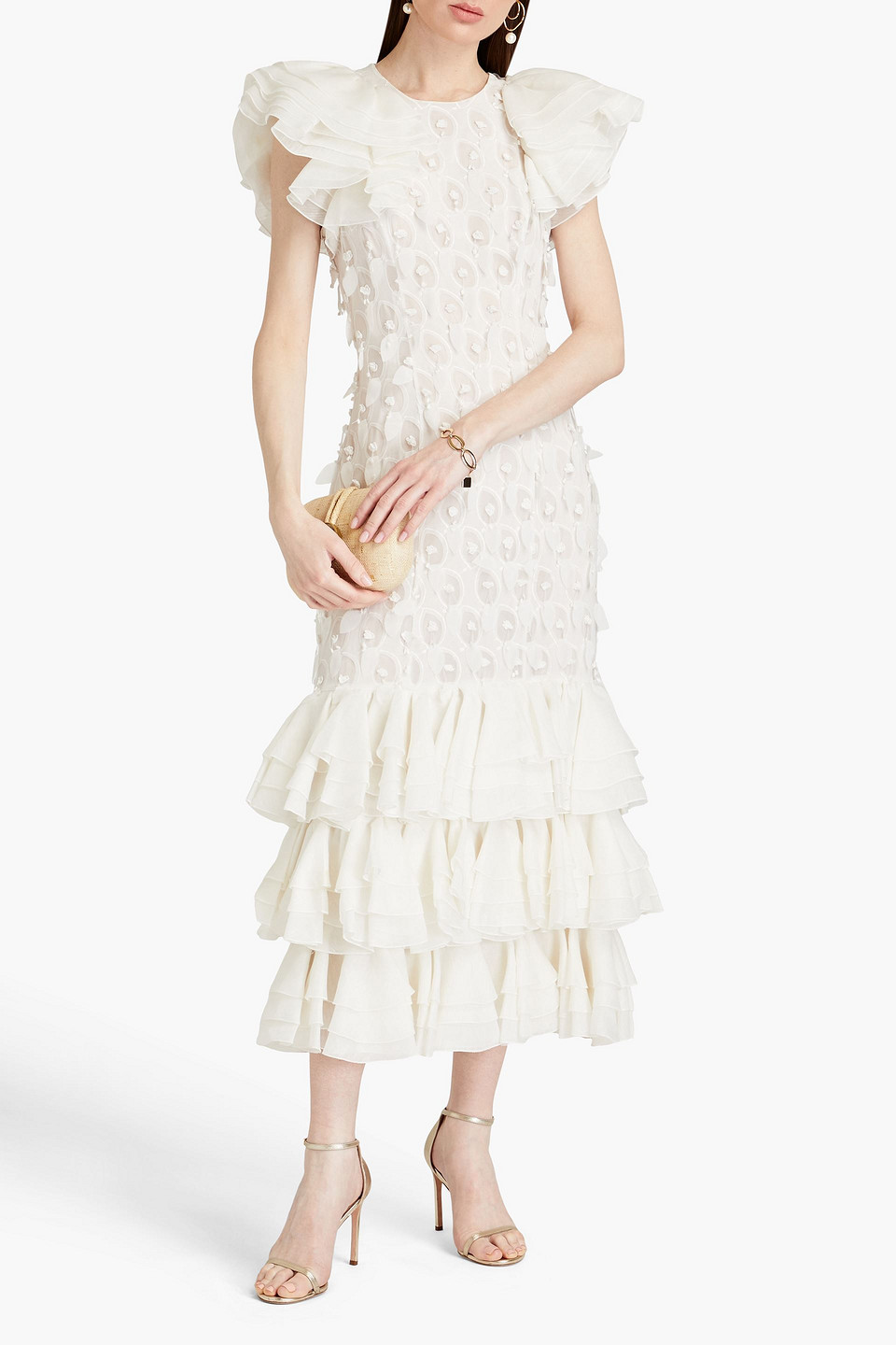 Shop Zimmermann Tiered Chiffon-paneled Linen And Silk-blend Gown In Ivory