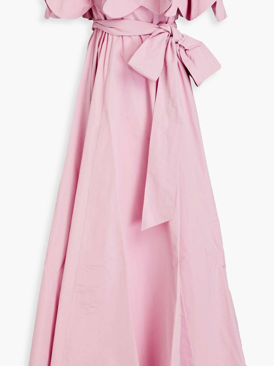 off-the-shoulder cotton-blend drill gown