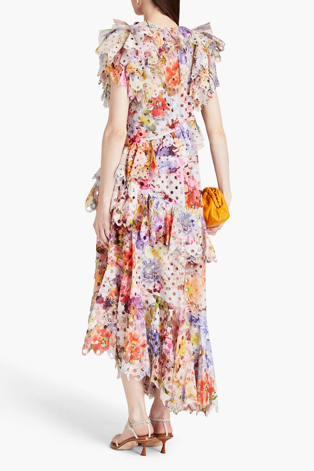 ZIMMERMANN Asymmetric ruffled laser-cut floral-print crepe dress