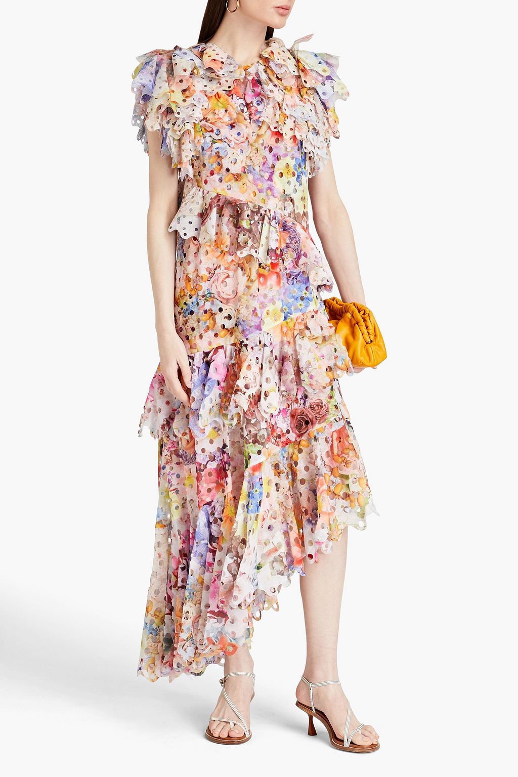ZIMMERMANN Asymmetric ruffled laser-cut floral-print crepe dress