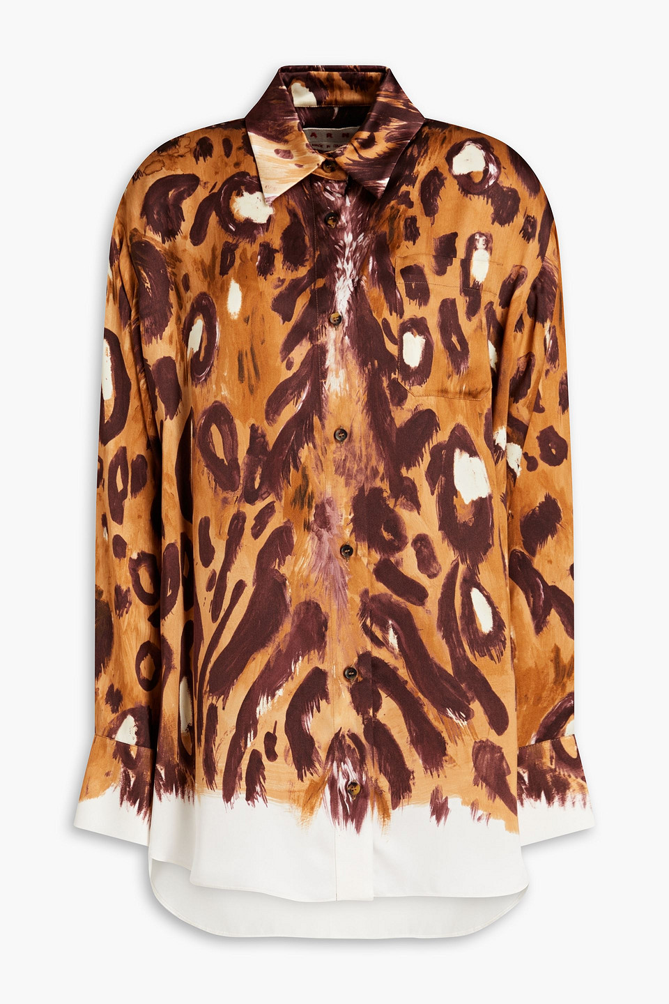 Marni Wild Bunch Print Satin Long Shirt In Camel