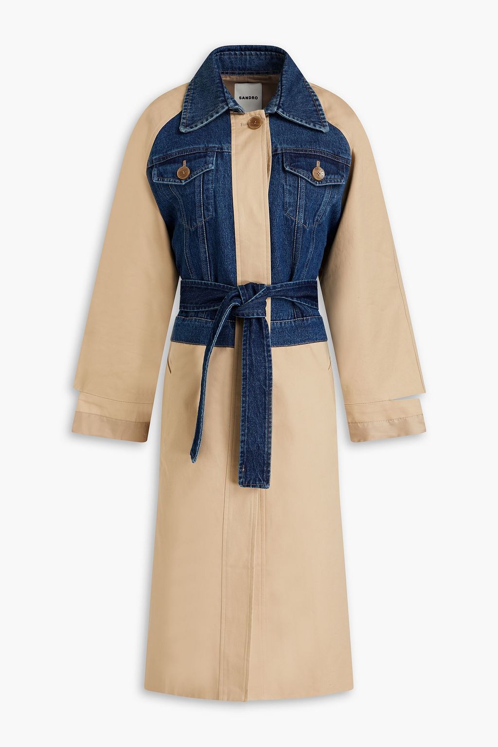 SANDRO Geoffrey denim-paneled cotton-gabardine trench coat | Sale off | THE OUTNET