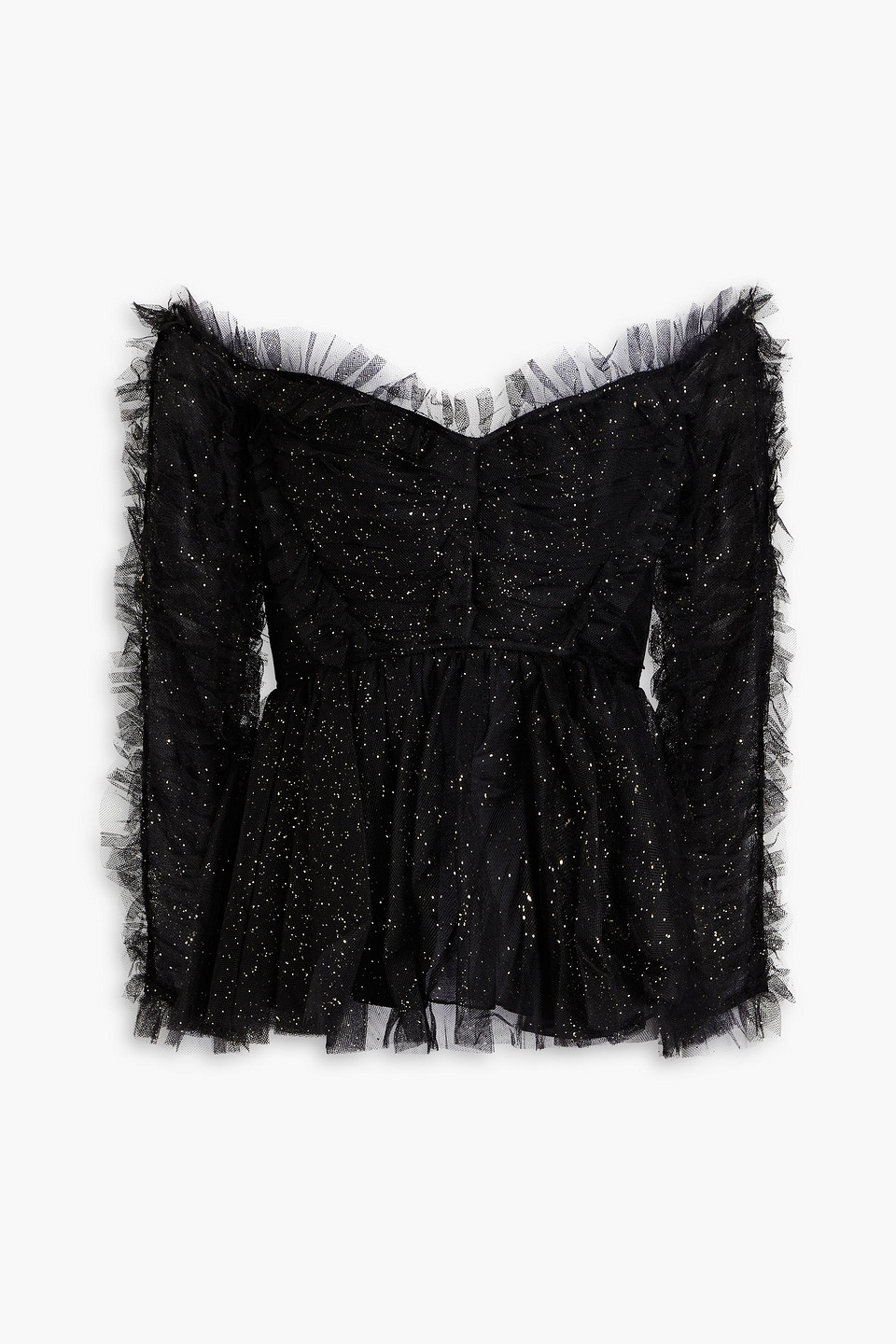 Zimmermann Prima Off-the-shoulder Ruffled Glittered Tulle Peplum Top In Black