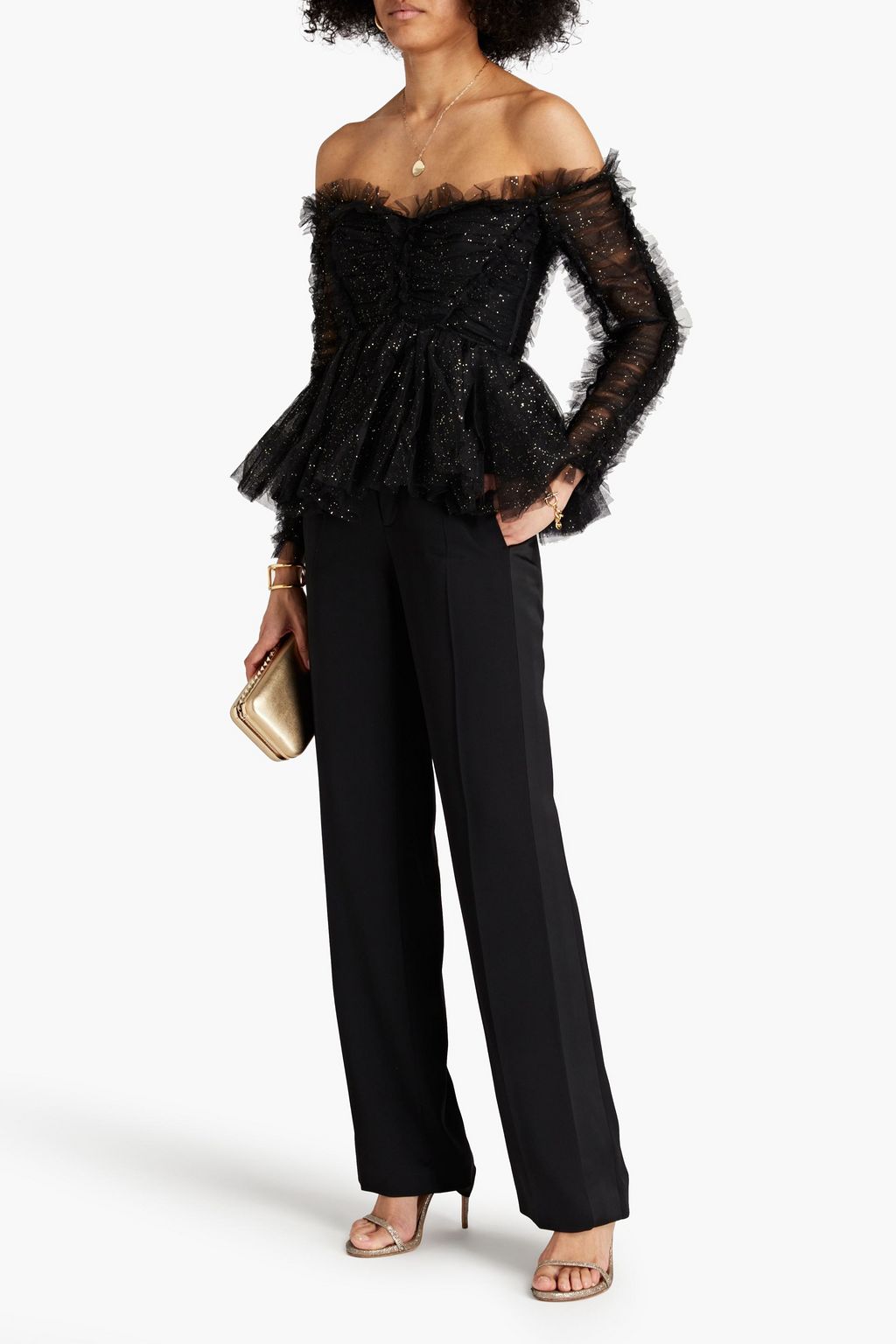 Off-the-shoulder ruffled glittered tulle peplum top - black - 00