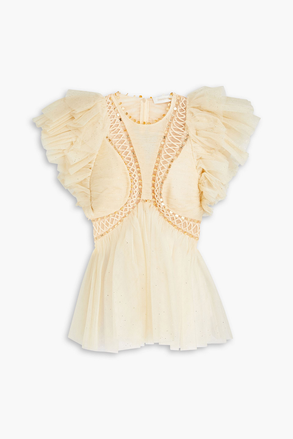 Zimmermann Dancer Embellished Ruffled Glittered Tulle Top In Cream